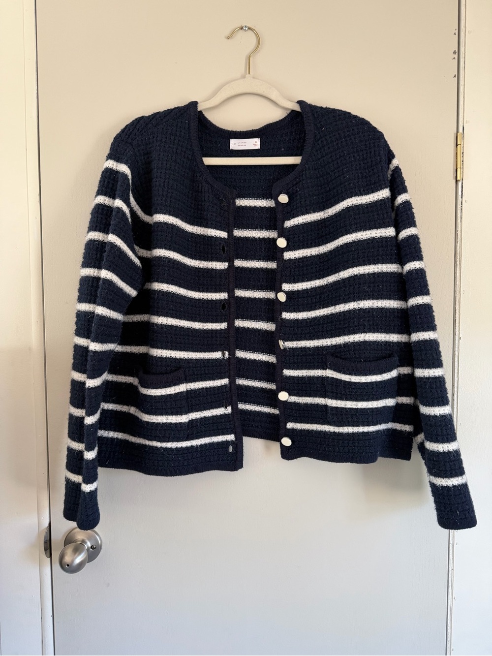 Lauren Conrad Navy and White Striped Knit Cardigan Sweater